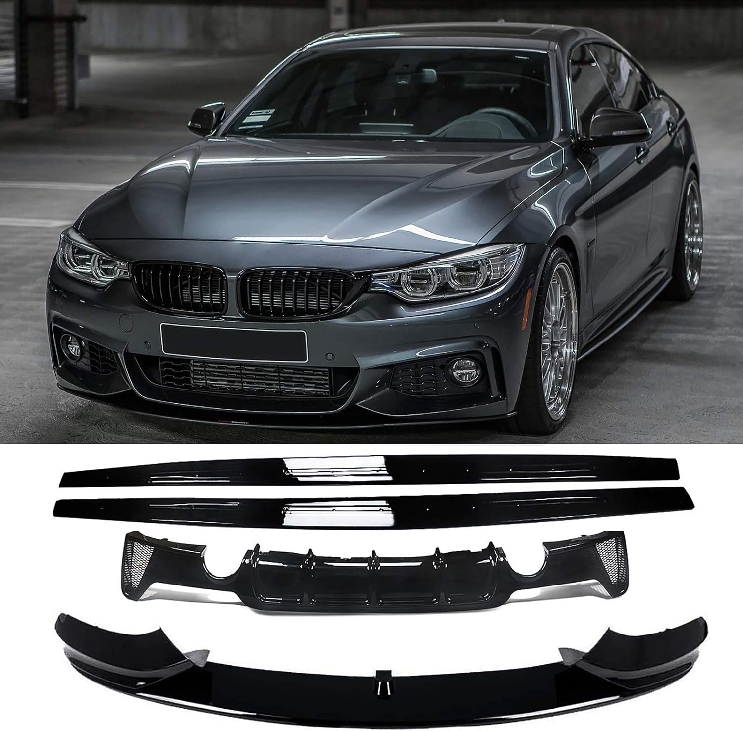 2014-2020 BMW 4 Series F32 F33 F36, Front Lip & Rear Diffuser & Side Skirts ABS Painted Gloss Black M Sports - ONECARWORLD