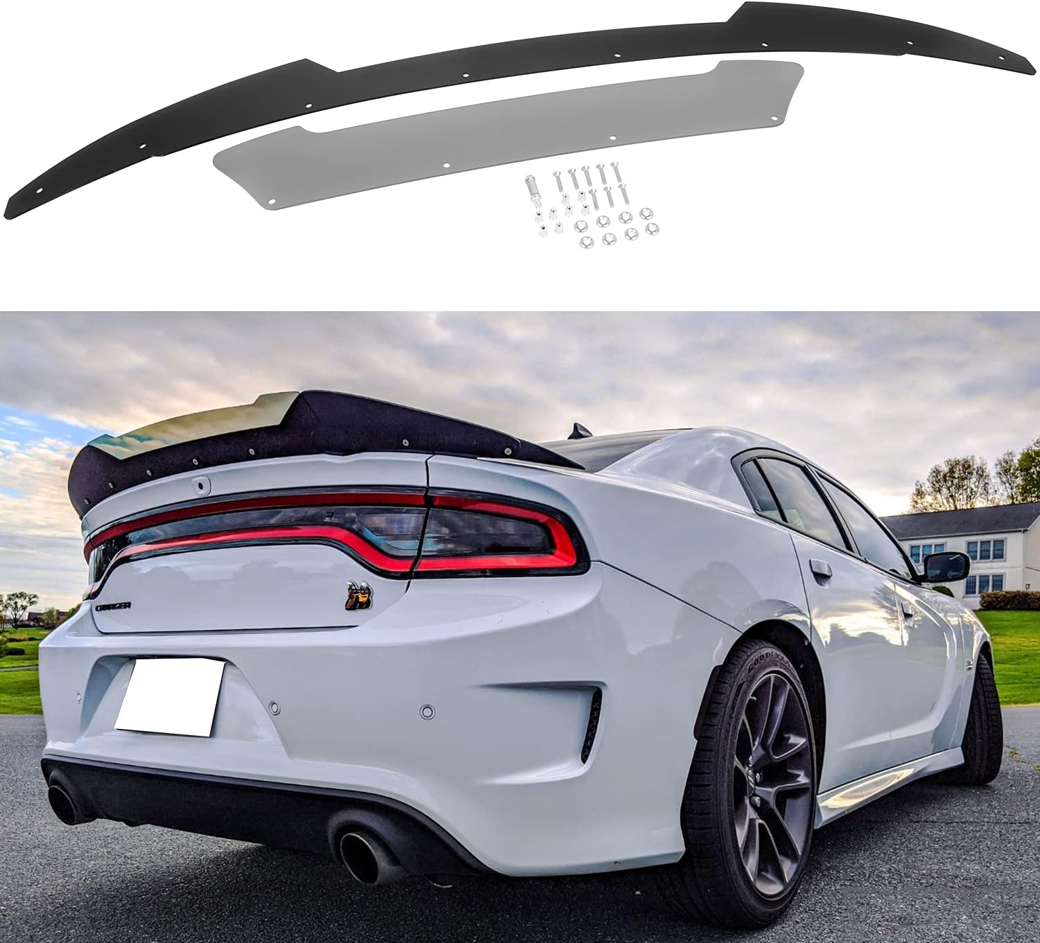 Rear Wicker Bill Spoiler Venom V2 for Dodge Charger 2015-2021 SRT ScatPack Hellcat, Add-on Type 2-Piece Rear Wickerbill Spoiler with RivNut Tool - ONECARWORLD