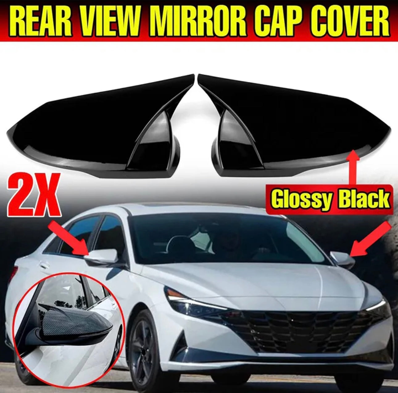 Elantra Batman Mirror cover glossy black for 2016-2020 - ONECARWORLD